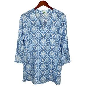 Dolma Tunic Blouse Top Longer Length Blue White Cotton Women's L